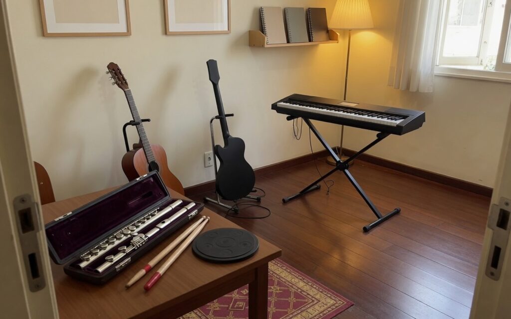 Violão, guitarra, teclado, flauta transversal e baquetas reunidos numa sala da EArte, prontos para serem experimentados