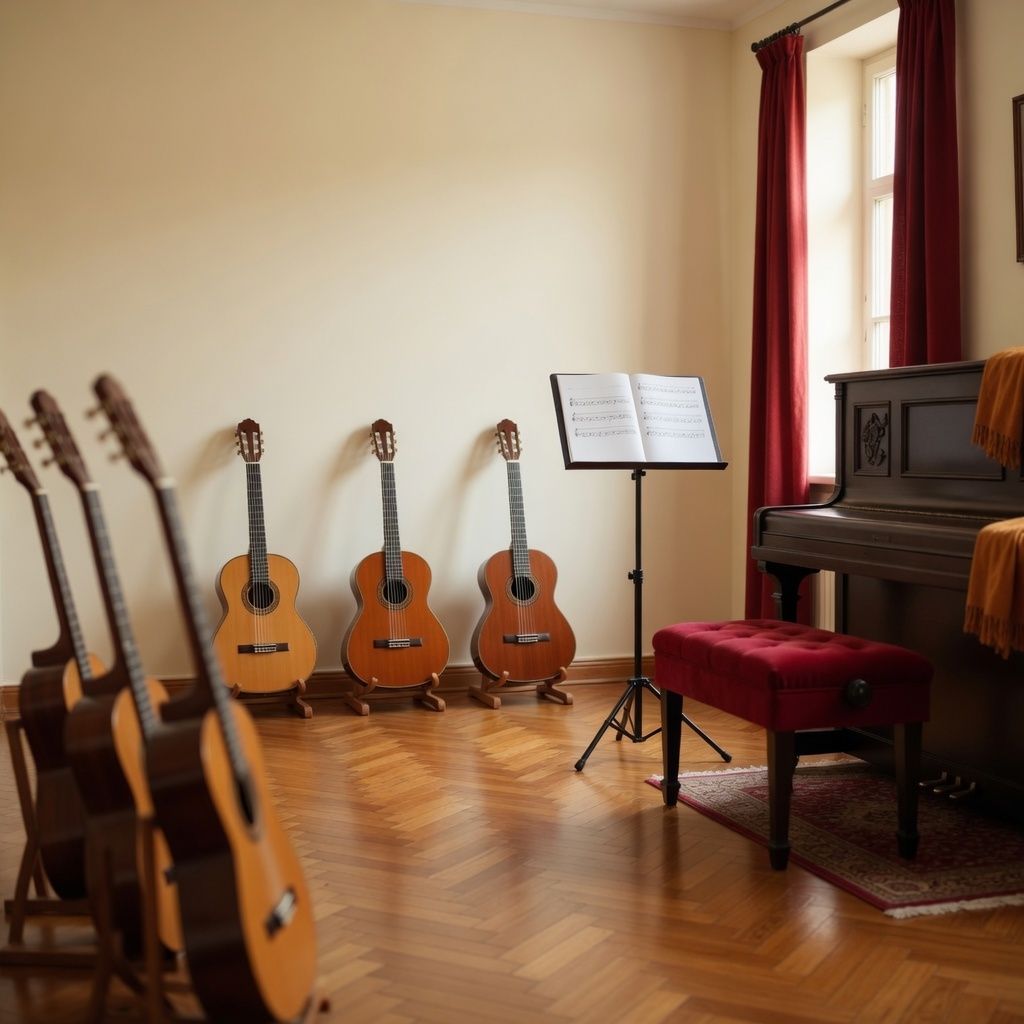Sala de prática da EArte, com instrumentos, estante de partitura e piano