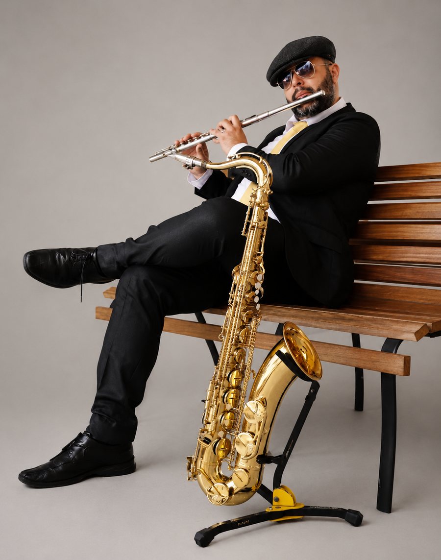 André França, professor de sopros da EArte, com flauta e saxofone