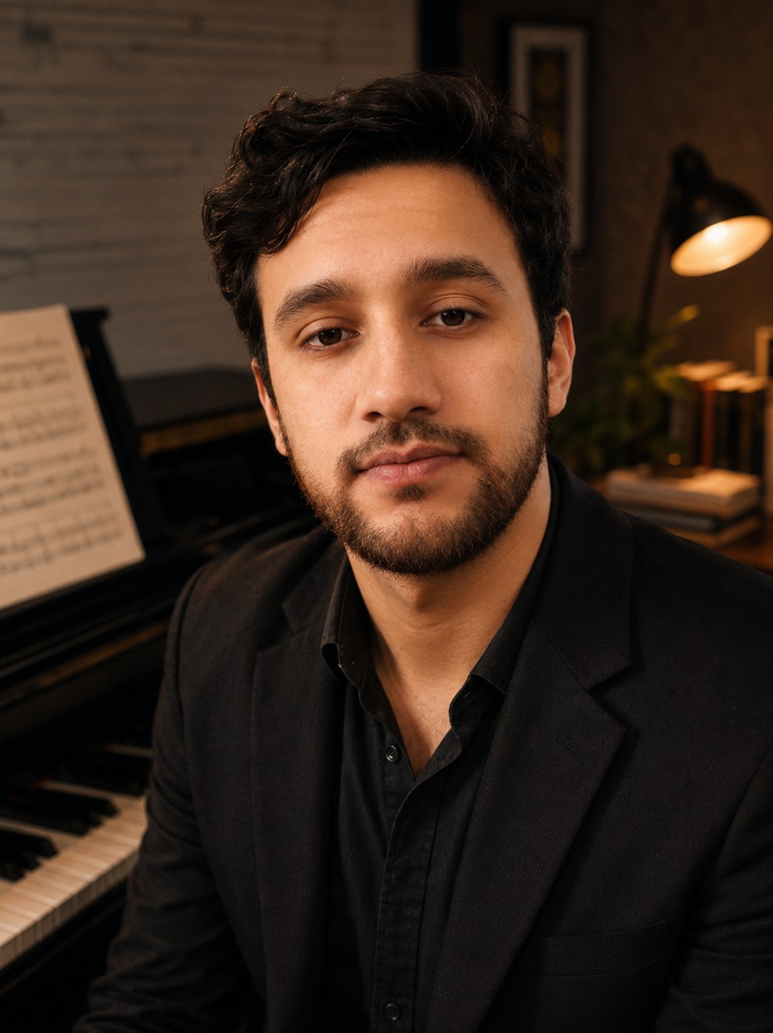 Eric Pereira, professor de piano e composição da EArte, ao piano com a partitura aberta