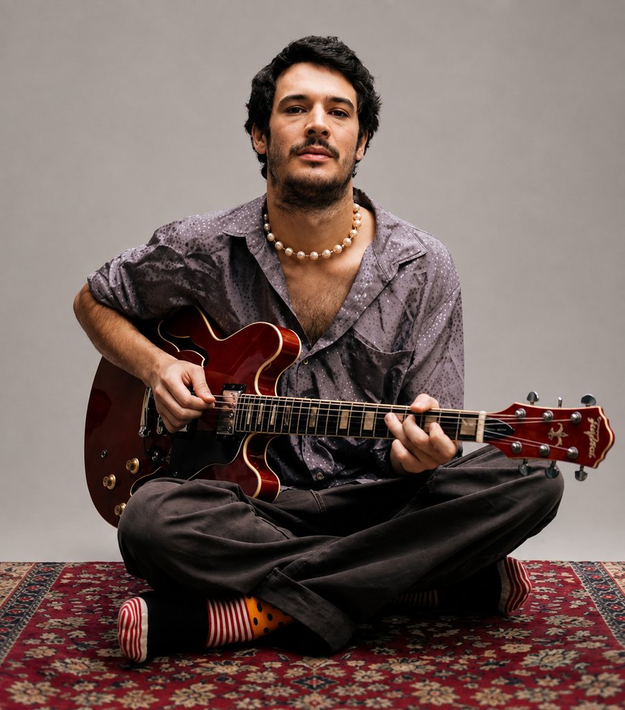 Leonardo Rodrigues, professor da EArte, com guitarra semiacústica