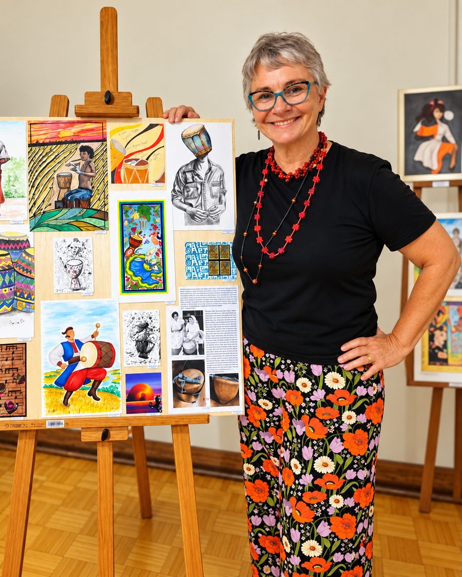 Maria do Carmo Both, professora de artes visuais da EArte, ao lado de um cavalete com obras de arte